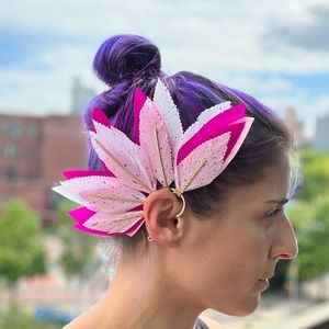 Pink, white and gold feather ear cuff with real gold Italian leather